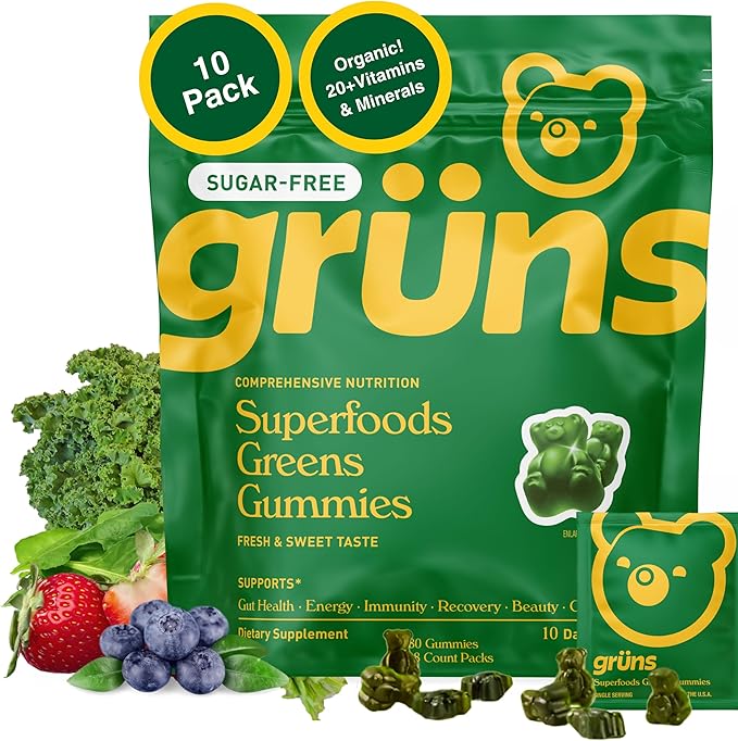 Gruns Sugar-Free Super Greens Gummies, Multivitamin Superfood Gummy Bears, Spirulina, Chlorella, Prebiotics & Fiber gummies for Digestive Health, Adaptogens Supplement, 20 Vitamins & Minerals, 10 pack