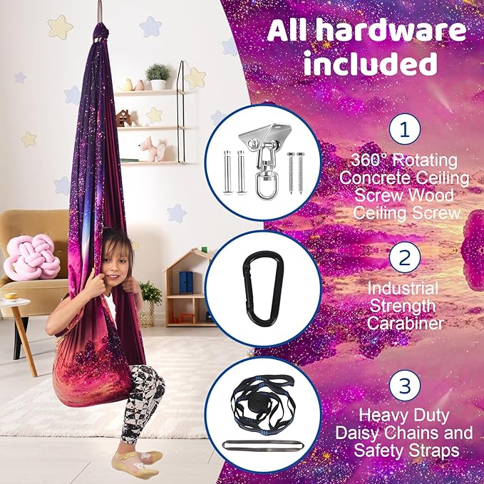 Double Layer Sensory Swing for Kids & Adults Holds up to 300lbs Indoor and Outdoor Therapy Cuddle Swing with 360° Swivel Hanger Kit Adjustable with Aspergers Autism ADHD (Fantasy Pink)