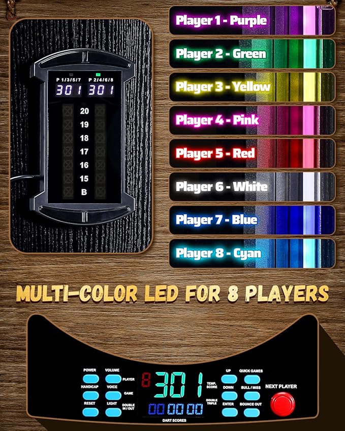 Electronic Dart Board, Electric Dartboard Cabinet Set for Adults [6 Soft Tip Darts] Individual Light Color for Each Player- Wooden Dartboard Cabinet for Family Game [Black]