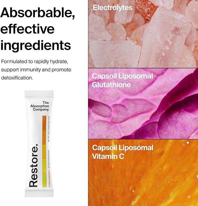 Electrolyte Powder Packets - Workout Recovery & Hydration Drink Mix with Liposomal Glutathione, Vitamin C & Methylated B Vitamins - Mango Lemonade (7 Sticks)