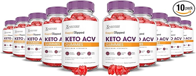 (10 Pack) Rapid Ripped Keto ACV Gummies Advanced Formula 1000MG Rapidripped Keto Gummies Apple Cider Vinegar Formulated with Pomegranate Beet Juice Powder B12 Vegan Non GMO 600 Gummys