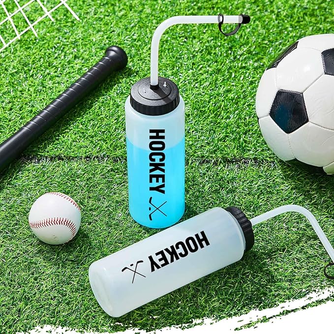 Domensi 2 Pack 1 Liter Sports Water Bottle with Long Straw Hockey Lacrosse 34 Oz Water Bottle Easy Squeeze Plastic Use with Sport Helmet in Football Baseball(Pure Black,Printed)