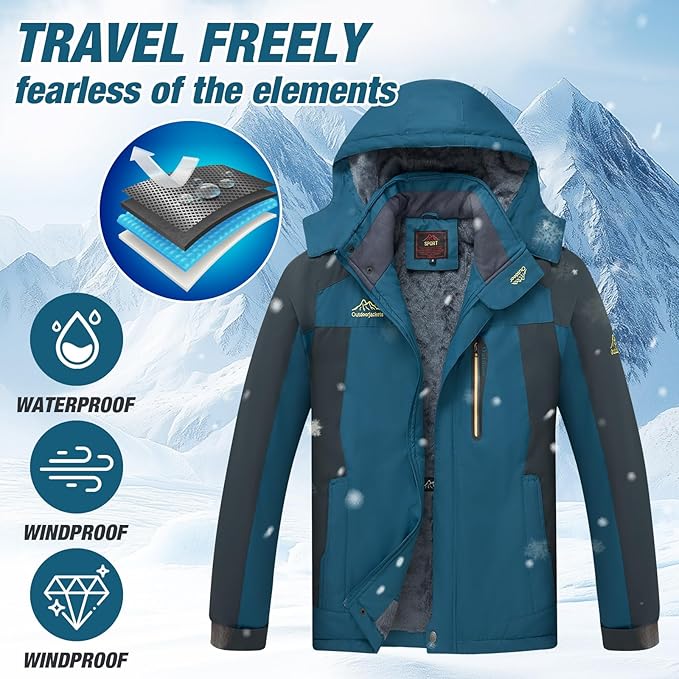 Men's Winter Ski Jacket Warm Waterproof Fleece Liner Snow Coat Hooded Windproof Mountain Raincoat