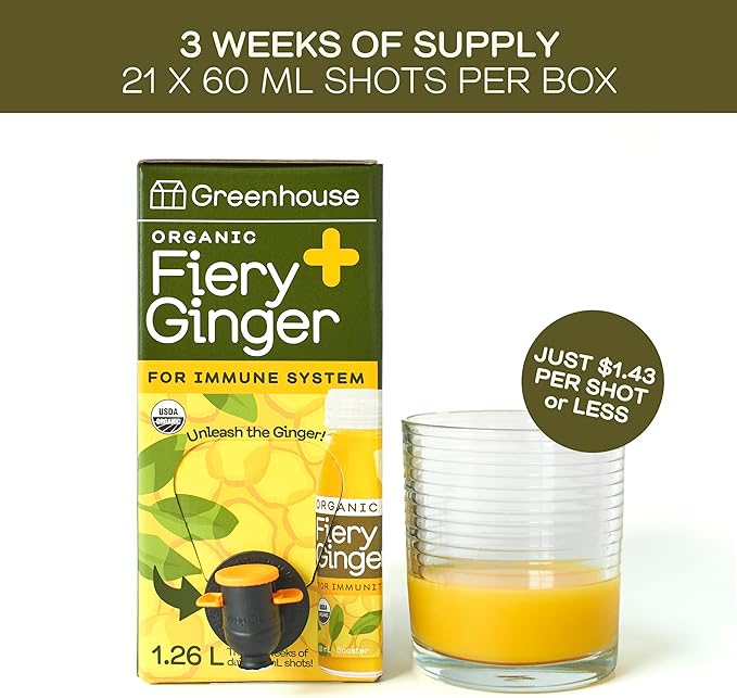 Greenhouse Juice Organic Fiery Ginger Wellness Shot Box Multipack 1.26L Ginger, Turmeric, Lemon, Black Pepper & Oregano | Immunity Wellness + Antiflammatory (Bag-in-Box Dispenser 2 Pack, Fiery Ginger)