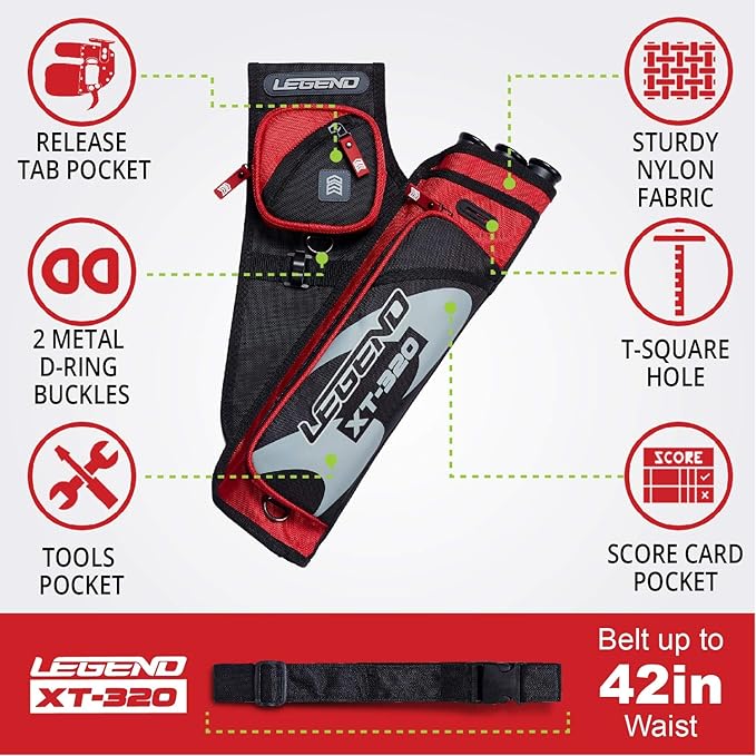 LEGEND XT320 Archery Quivers - Nylon Hip Quivers with 3 Arrow Tube Cases for Target Shooting - Adjustable Waist Belt, T-Slot, Storage Compartments for Accessories, Gear, Tools, Release Tab, Score Card