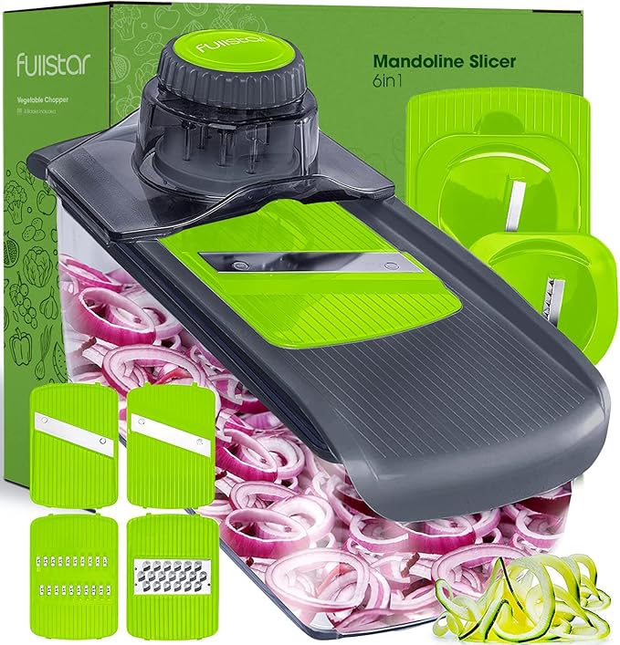 Fullstar Mandoline Slicer for Kitchen, Fruit Cutter, Cheese Grater, Cucumber Slicer, Veggie Spiralizer, Food Cutter & Kitchen Gadgets with Safety Glove (6 in 1, Gray/Green)