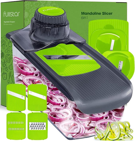 Fullstar Mandoline Slicer for Kitchen, Fruit Cutter, Cheese Grater, Cucumber Slicer, Veggie Spiralizer, Food Cutter & Kitchen Gadgets with Safety Glove (6 in 1, Gray/Green)