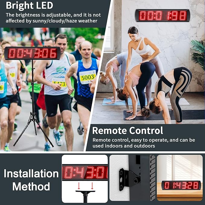 Large LED Display Digital Race Timer with Battery,Function-Countdown/Up/Time Clock, Remote Control, Tripod Stand and Adjustable Brightness for Sports Events, Races, Meetings, Presentations