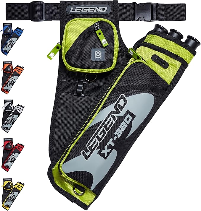LEGEND XT320 Archery Quivers - Nylon Hip Quivers with 3 Arrow Tube Cases for Target Shooting - Adjustable Waist Belt, T-Slot, Storage Compartments for Accessories, Gear, Tools, Release Tab, Score Card