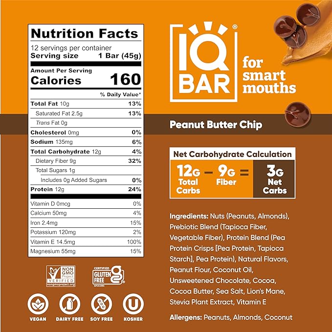 IQBAR Brain and Body Plant Protein Bars - Peanut Butter Chip - 36-Count Low Carb - Gluten Free, High Fiber, Vegan Snacks - Low Sugar Meal Replacement