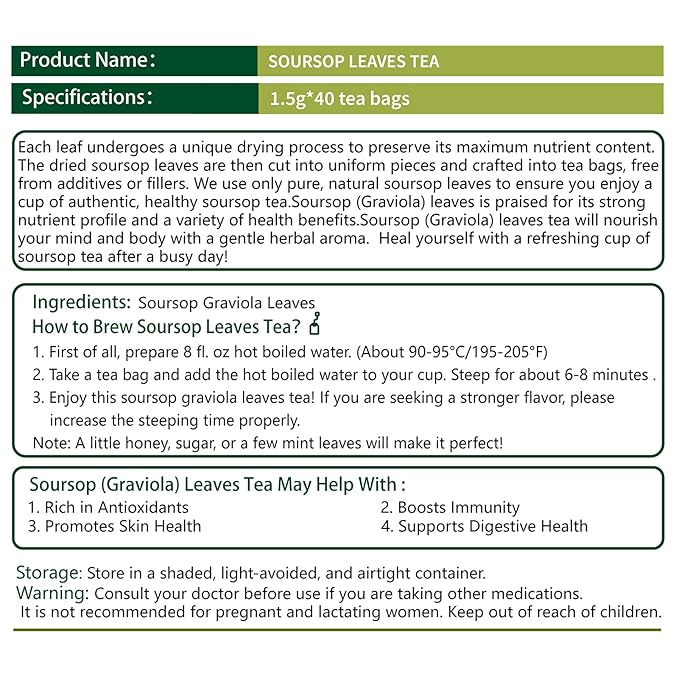 Samcci - Soursop Leaves Tea Bags, 40Teabags, 1.5g/bag, 100% Pure Sour Sop Graviola leaves Tea - Hojas De Guanabana Tea - Improve Digestion - Promotes Skin Health - Non-GMO - Caffeine-Free