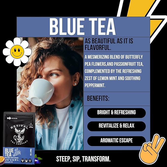 Revival Tea Company Blue Tea - Butterfly Pea Flower and Black Tea Blended with Other Herbal Tea Flavors - Loose Leaf 6 Ounces`