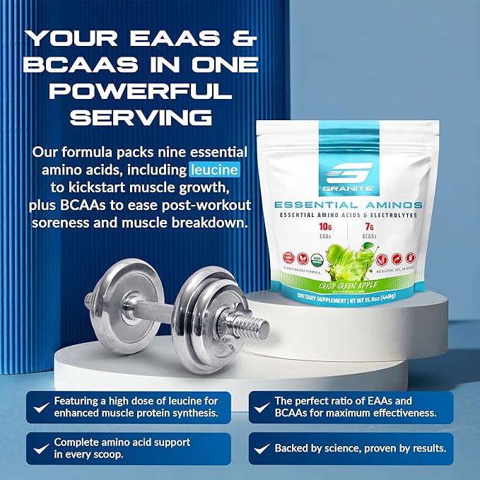 Granite Essential Amino Acids Powder, Green Apple Flavor, with 10g EAAs and 7g BCAAs, Supports Muscle Recovery & Growth, Soy-Free, Gluten-Free (30 Servings)