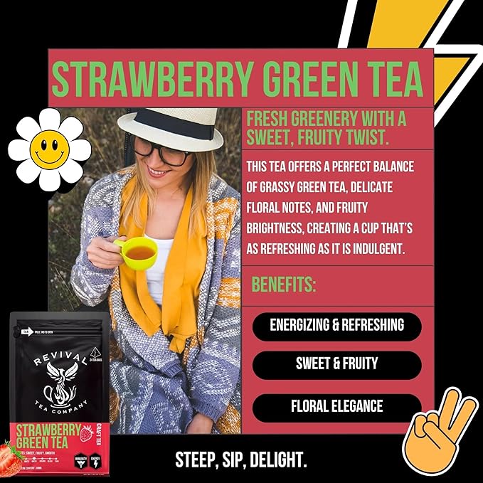 Revival Tea Company Strawberry Green Iced Tea - 1 Gallon Sachets - Green Tea Blend with Natural Strawberry Flavor - 15 Count