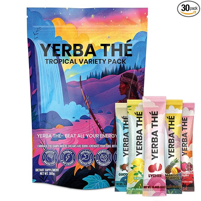 Yerba Mate Tea Powder 5 Mixed Tropical Fruit Flavors Clean Energy Drink Superfood - Support Gut Health, Probiotics and Prebiotics, Reduce Brain Fog, Relaxation & Focus Blend 30 sachets