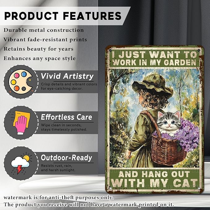 Garden Sign I Just Want To Work In My Garden and Hang Out With My Cat Vintage Metal Tin Sign Retro for Home Patio Backyard 12 * 8inch