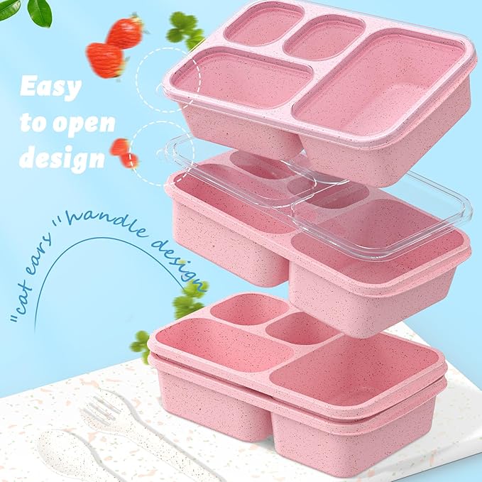 Large Capacity Bento Box for Adults, 4-Piece Set – Stackable Lunch Box with 4 Compartments, Microwave & Dishwasher Safe, Reusable Meal Prep Containers, Snack Containers for Kids & Adults (Pink)