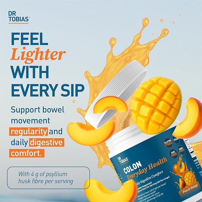 Dr. Tobias Colon Everyday Health - Gut Health for Women & Men - Psyllium Fiber Powder Drink with 4g Psyllium Husk Powder per Serving, Vegan, Gluten Free, Non-GMO, Peach Mango, 60 Servings