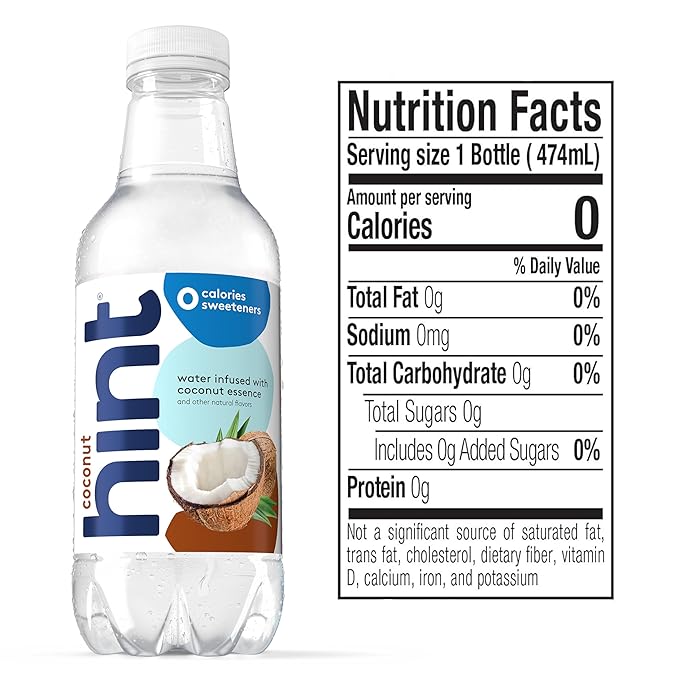 Hint Fruit-Infused Bottled Water, Coconut - Sugar Free Flavored Water with Zero Calories, Naturally Flavored, and No Artificial Sweeteners - 16 Fl Oz (Pack of 12)