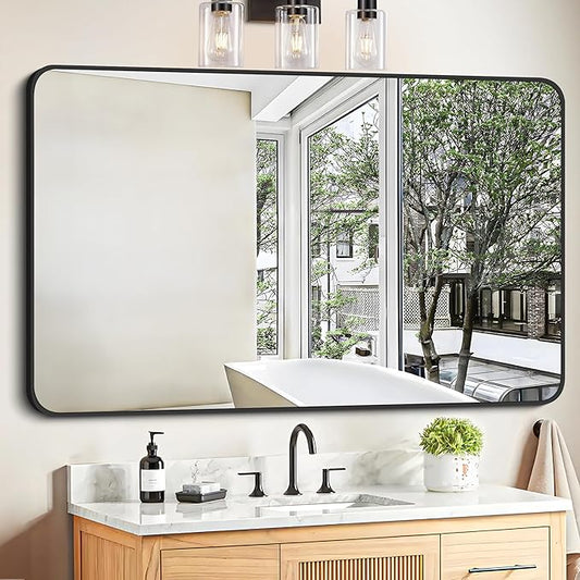 FORBATH Black Bathroom Mirror, Rectangular Vanity Mirror 30 x 48 Inch Wall Rounded Corner Metal Framed Bathroom Mirror for Living Room Bedroom Entryway Decor (Horizontal/Vertical)