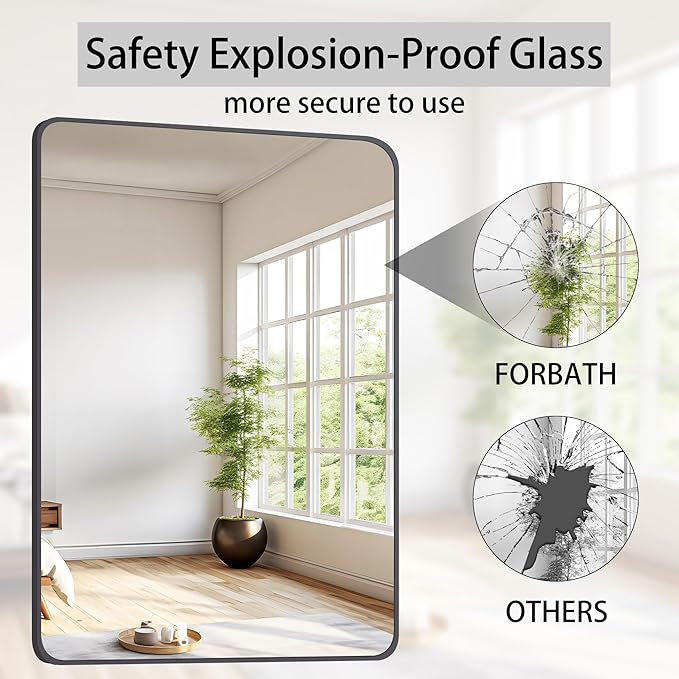 FORBATH Black Bathroom Mirror, Rectangular Vanity Mirror 26" X 38" Wall Mounted Rounded Corner Farmhouse Metal Framed Bath Mirror for Living Room Bedroom Entryway Decor, Hangs Horizontal or Vertical