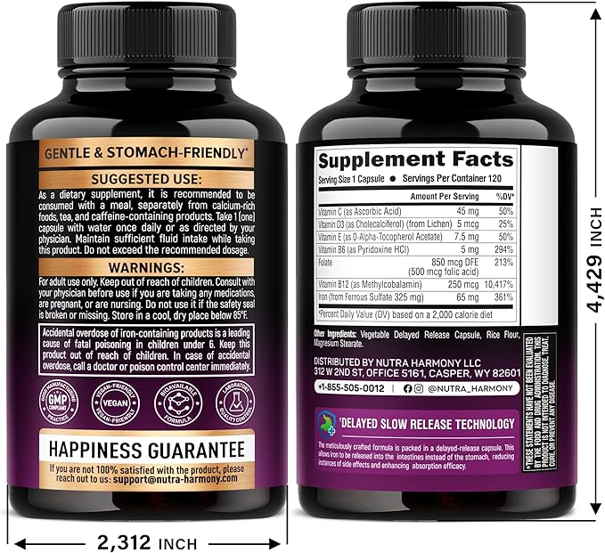 Iron Supplement for Women - Iron 65mg (Ferrous Sulfate 325mg) - Stomach Friendly | Slow Release Iron | High Absorption - Vitamins C, D3, B6, B12 & Folate - Iron Level & Energy Support - 120 Capsules