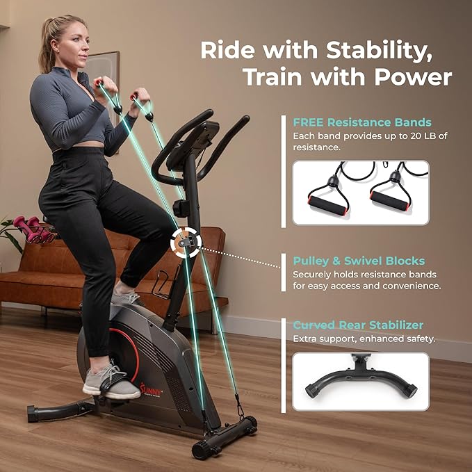 Sunny Health & Fitness Smart Stationary Exercise Upright Bike w/Pulse Sensor & 4-Way Adjustable Seat, Cycling Machine for Home Cardio Training, Free SunnyFit App Connection, Optional Resistance Band
