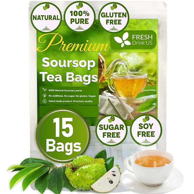 FreshDrinkUS, Premium 15 Soursop Graviola Leaf Tea Bags, 100% Natural & Pure from Soursop Leaves, Hoja Guanabana Herbal Tea. Made with Natural Material Tea Bags. No Sugar, No Caffeine, Vegan.