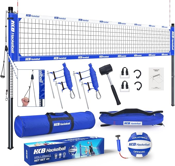 Haokelball Volleyball Net for Backyard Outdoor Portable Volleyball Net Set with Volleyball Antennas, Aluminum Poles, Tension Adjuster and Volleyball