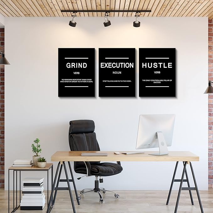 Framed Canvas Wall Art Success Quote, Office Wall Art, Black Large Poster, Positive Motivational Set of 3 Prints, Execute Failure Definition, Inspirational Print (B-3pcs,12x16inchx3pcs)