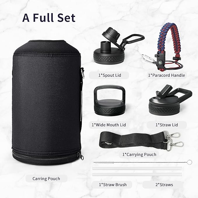 Trebo 1 Gallon Water Bottle Insulated with Paracord Handle and Straw,128oz Vacuum Double Wall Stainless Steel Large Jug,Keep Ice Cold 48hrs, Leakproof Sports Gym Flask for Men Women, Ruby Red