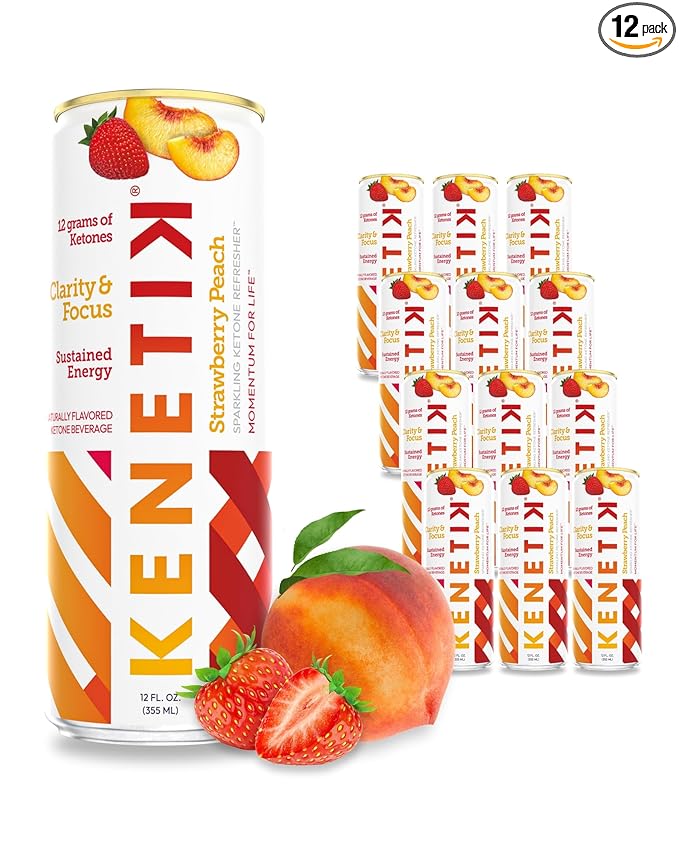 KENETIK Nootropic Ketone Drink, Ketones for Energy & Focus, Caffeine & Sugar Free, High Performance D-BHB Ketone Mix, Fuel w/Zero Crash or Jitters, Ready to Drink - Strawberry Peach 12 Pk