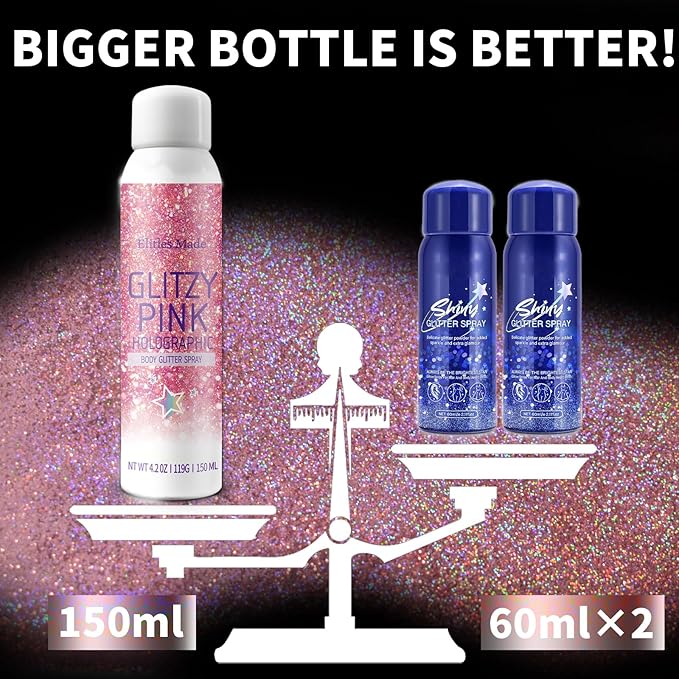 Hair Glitter Body Glitter Spray, 150ML Glitter Hairapray Holographic Pink Glitter Spray for Hair and Boday, Hair Glitter for Kids Women, Body Shimmer Festival Rave and Makeup 4.2 Fl Oz