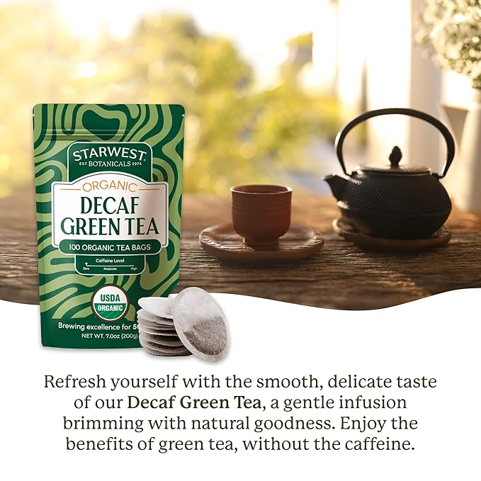 Starwest Botanicals Organic Decaf Green Tea - Decaffeinated Herbal Tea, Caffeine Free Tea with Antioxidant Properties, USDA Organic Green Tea Leaf, Non GMO - Bulk Pack, 100 Tea Bags