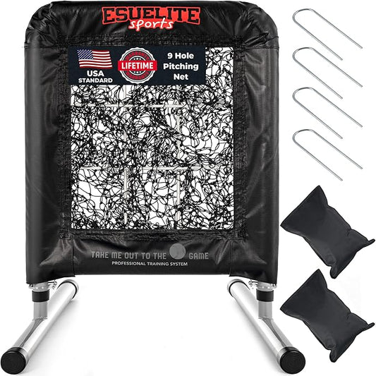 Heavy-Duty 9 Hole Pro Style Baseball & Softball Pitching Net with Strike Zone Target - Adjustable Portable Design for Training, Includes 4 Stakes & 2 Sandbags