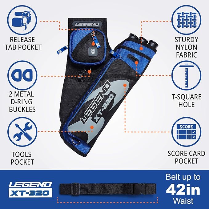 LEGEND XT320 Archery Quivers - Nylon Hip Quivers with 3 Arrow Tube Cases for Target Shooting - Adjustable Waist Belt, T-Slot, Storage Compartments for Accessories, Gear, Tools, Release Tab, Score Card