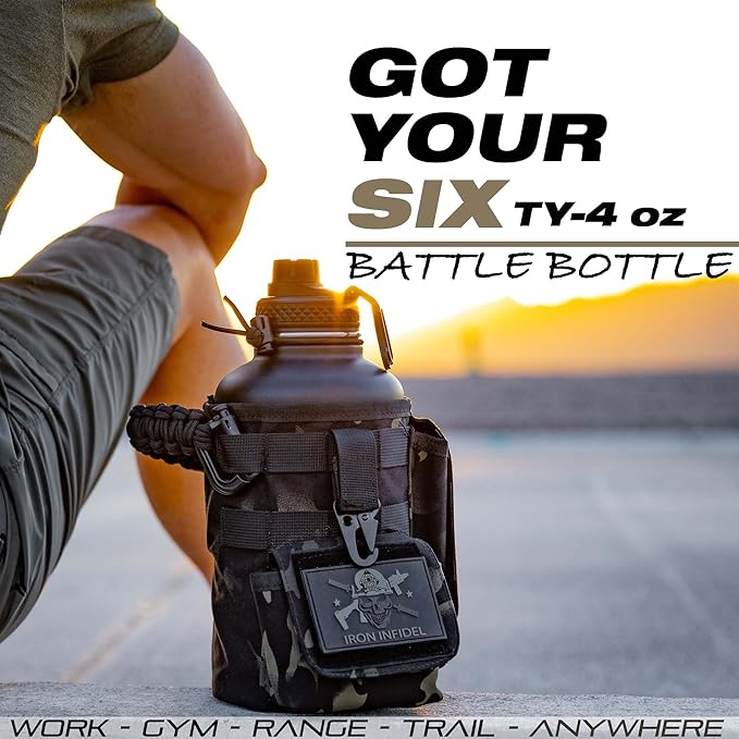 Iron Infidel Battle Bottle - Half Gallon Insulated Water Bottle with Paracord Handle - Large 64 oz Stainless Steel Water Jug & Rugged, Removable Sleeve For Keys, Wallet, Phone (Black Camo 2 Liter)