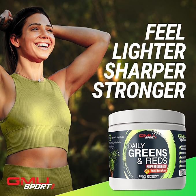 GMU SPORT Daily Greens and Reds, Super Greens Powder, 42 Superfoods, Probiotics, Adaptogens, Antioxidants for Gut Health, Superfood Powder for Mental Focus, Organic Greens Powder - Peach Berry Flavor