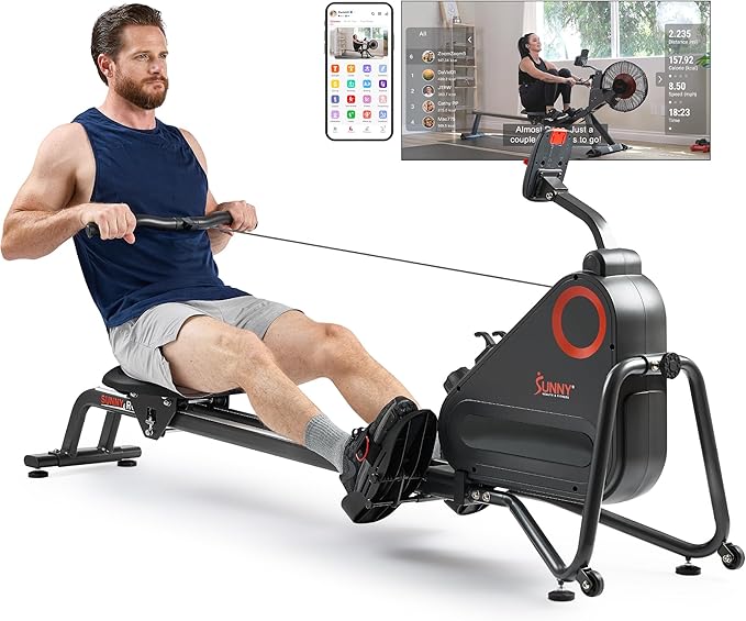 Sunny Health & Fitness Magnetic Rowing Machine for Home Exercise, Quiet & Smooth Rower with Compact Storage and Optional Free SunnyFit App Connectivity