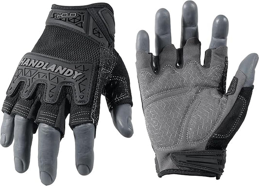 HANDLANDY Fingerless Work Gloves for Men, Padded Half Finger Tactical Mechanics Gloves, Utility Trucker Driver Gloves (Black, Large (Pack of 1))