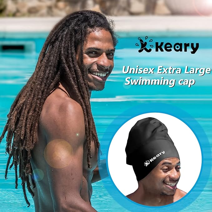 Keary Extra Large Swim Cap for Braids and Dreadlocks Extensions Weaves Long Hair, Waterproof Silicone Cover Ear Bath Pool Shower Swimming Cap for Adult Youth to Keep Hair Dry, Easy to Put On and Off
