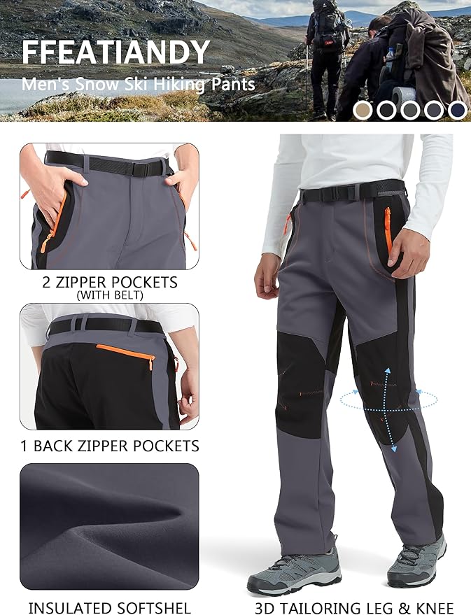 Men's Hiking Snow Ski Pants Softshell Fleece Lined Winter Water Repellent Outdoor Fishing Cargo Pants