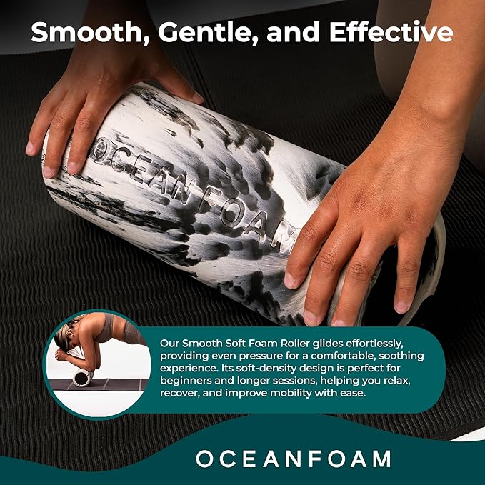 Oceanfoam Smooth Soft Foam Roller (Black Marbled) - Beginner, Travel Sized Low Density Foam Roller for Home & Gym, Physical Therapy, Back Pain, & Exercise - Yoga & Athletics (12.5" x 5")