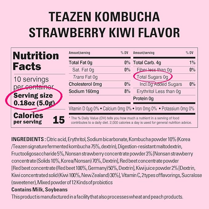TEAZEN Strawberry Kiwi Kombucha Tea, Hydration Drink Mix, Sugar Free, Live Probiotics & Prebiotics, 10 Sticks, 1.76oz