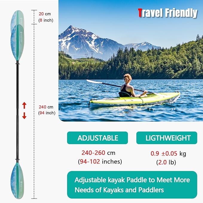Kayak Paddle Premium Carbon Fiber Paddle with Reinforced PP + Fiberglass Blade, Floating Adjustable Kayaking Oars, 3 Piece, 220-240 cm/86-94 Inches, 240-260 cm/94-102 Inches