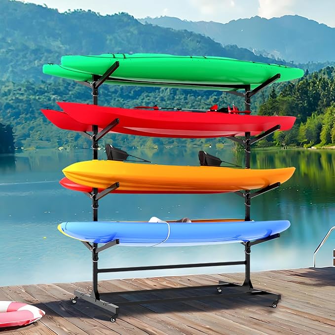 Kayak Storage Rack, Heavy Duty Kayak Stand Canoe Rack with Wheels, Freestanding Kayak Holder Stand for Kayaks, Canoes, Surfboard, Paddleboard Storage