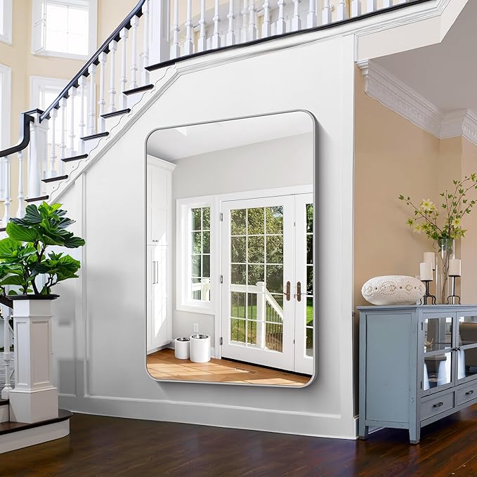 FORBATH 60x40 Inch Silver Bathroom Mirror for Over Sink, Large Rectangular Wall Mirror with Metal Frame, Rounded Corners for Bathroom, Bedroom, Entryway Decor (Horizontal or Vertical)