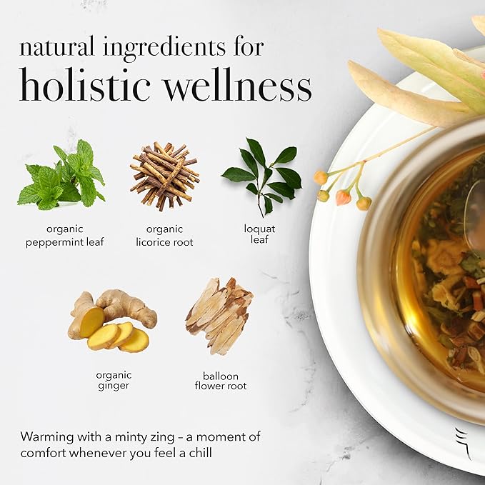 qìsane Organic Peppermint Tea Bags with Loquat Leaves - Whole Organic Peppermint Leaves, Loquat, Ginger & Balloon Flower Roots - Herbal Tea for Cough Support & Easy Breathing - 10 sachets (~30 cups)