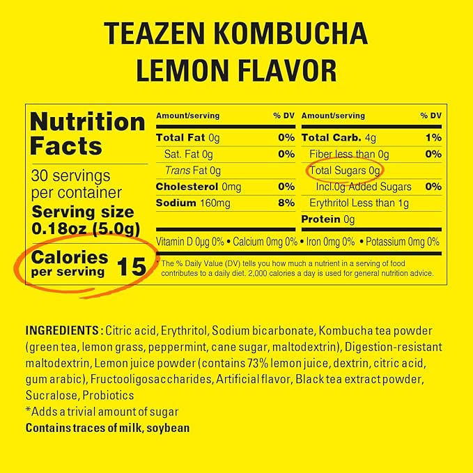 TEAZEN Lemon Kombucha Tea, Hydration Drink Mix, Sugar Free, Live Probiotics & Prebiotics, 30 Sticks, 5.29oz