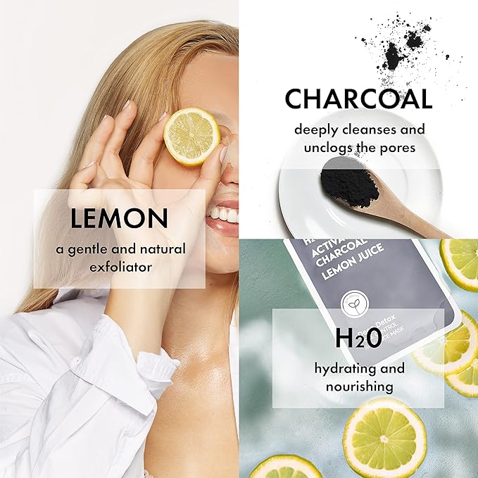 ESW Beauty Deep Detox - Pore Control Raw Juice Face Mask (6-Pack) - Clarifying with Activated Charcoal, Lemon Juice & H2O for Acne-Prone Skin - Detoxifies & Minimizes Pores